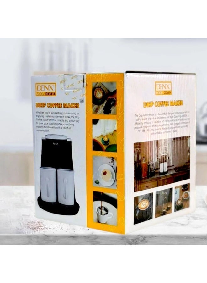 DENX 450W Drip Coffee Maker, Mini Electric Coffee Maker with Filter and Two Porcelain Cups, Small Coffee Maker for Home, Office, Kitchen, and Travel, Portable Coffee Maker 240ml 230V, DX3414 - Image 3