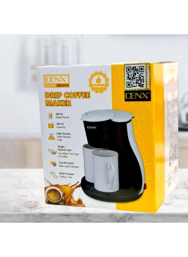 DENX 450W Drip Coffee Maker, Mini Electric Coffee Maker with Filter and Two Porcelain Cups, Small Coffee Maker for Home, Office, Kitchen, and Travel, Portable Coffee Maker 240ml 230V, DX3414 - Image 4