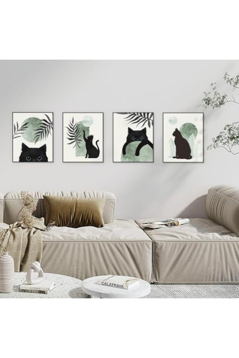 PLKMN Sage Green Cat Decor Set of 4 - Boho Wall Art, Cute Black Cat Wall Art Aesthetic decor, Cat Poster, Green And Black Room Decor, Cat Themed Gifts for Cat Lovers, 8x10 Unframed (Green) - Image 2