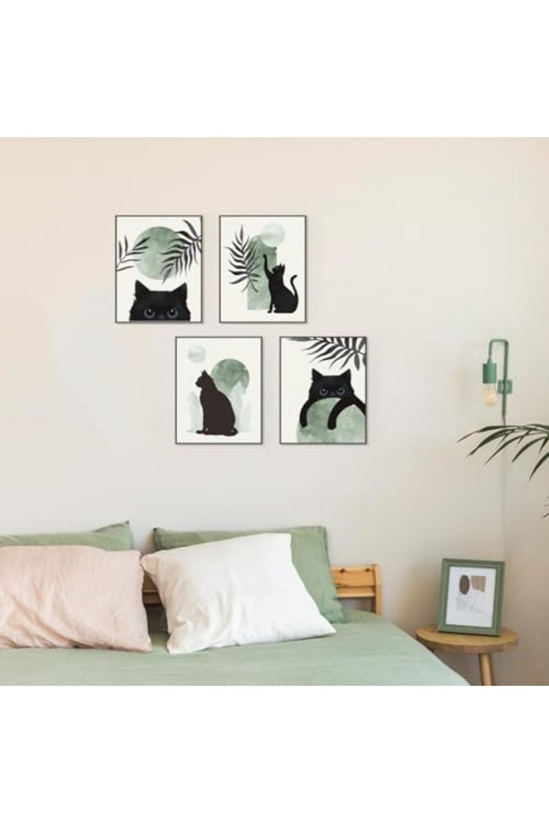 PLKMN Sage Green Cat Decor Set of 4 - Boho Wall Art, Cute Black Cat Wall Art Aesthetic decor, Cat Poster, Green And Black Room Decor, Cat Themed Gifts for Cat Lovers, 8x10 Unframed (Green) - Image 3