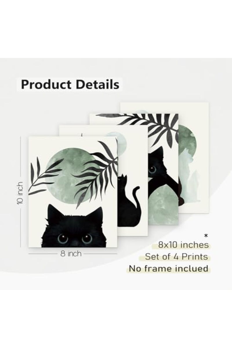 PLKMN Sage Green Cat Decor Set of 4 - Boho Wall Art, Cute Black Cat Wall Art Aesthetic decor, Cat Poster, Green And Black Room Decor, Cat Themed Gifts for Cat Lovers, 8x10 Unframed (Green) - Image 5