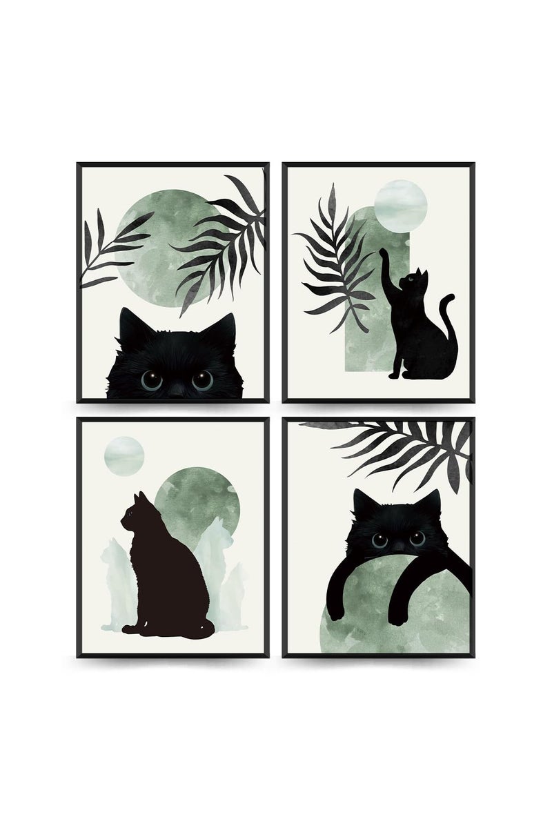 PLKMN Sage Green Cat Decor Set of 4 - Boho Wall Art, Cute Black Cat Wall Art Aesthetic decor, Cat Poster, Green And Black Room Decor, Cat Themed Gifts for Cat Lovers, 8x10 Unframed (Green) - Image 1