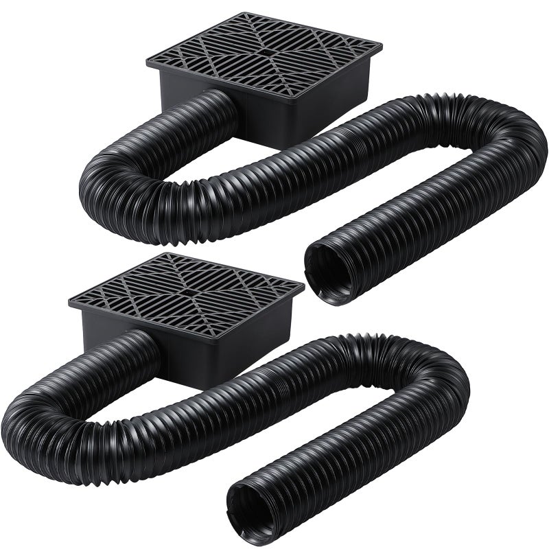 Meonum 2 Set Gutter Downspout Extensions, 9" x 9" Upgraded Catch Basin Downspout Extender with Flexible Pipe, Leak Proof Splash Block Kit, No Deep Dig Needed, Extendable from 1.34' to 5.1' - Image 1