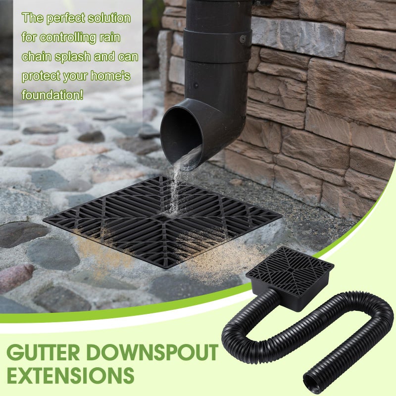 Meonum 2 Set Gutter Downspout Extensions, 9" x 9" Upgraded Catch Basin Downspout Extender with Flexible Pipe, Leak Proof Splash Block Kit, No Deep Dig Needed, Extendable from 1.34' to 5.1' - Image 2