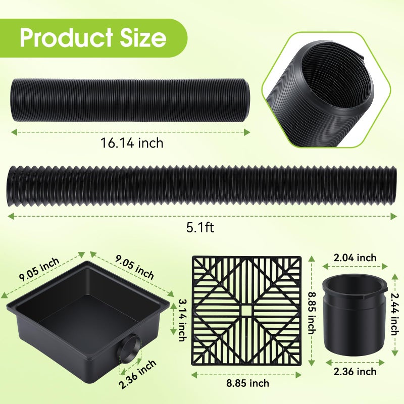 Meonum 2 Set Gutter Downspout Extensions, 9" x 9" Upgraded Catch Basin Downspout Extender with Flexible Pipe, Leak Proof Splash Block Kit, No Deep Dig Needed, Extendable from 1.34' to 5.1' - Image 3