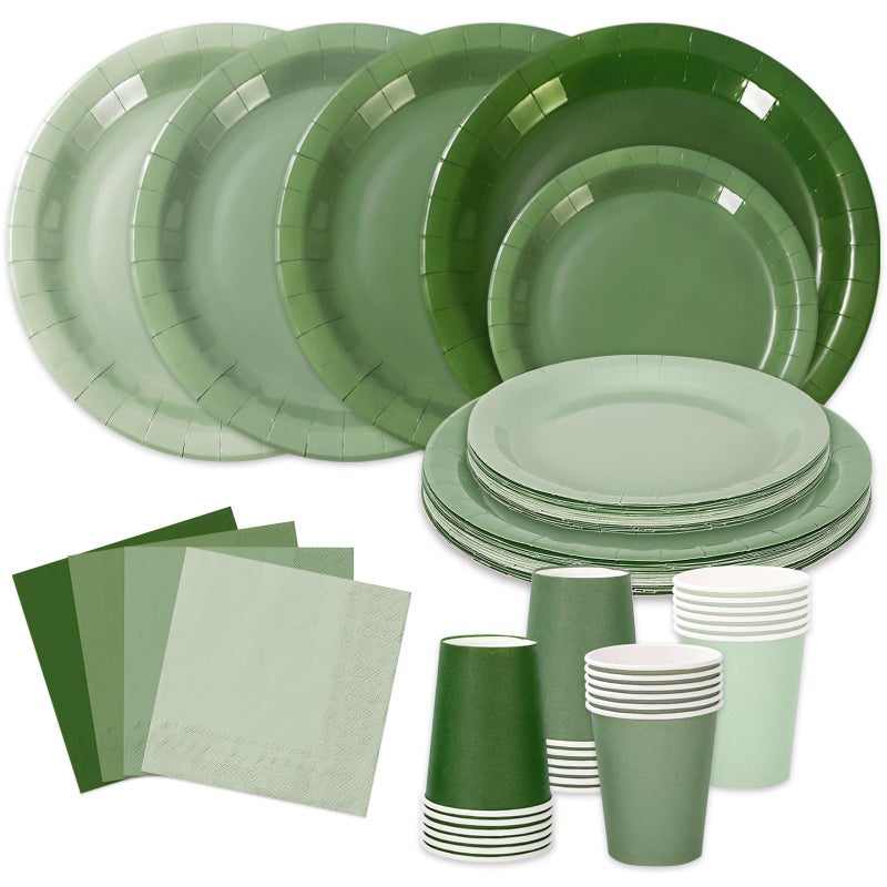 Whaline 96Pcs Sage Green Tableware Set Serves 24 Gradient Green Disposable Dinnerware 24 9"" Plates 24 7"" Plate 24 9oz Cups 24 Napkins for Wedding Birthday Party Supplies - Image 1