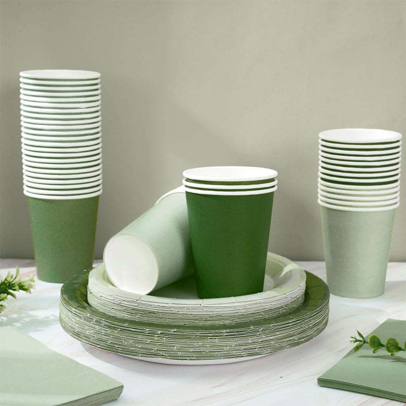 Whaline 96Pcs Sage Green Tableware Set Serves 24 Gradient Green Disposable Dinnerware 24 9"" Plates 24 7"" Plate 24 9oz Cups 24 Napkins for Wedding Birthday Party Supplies - Image 3