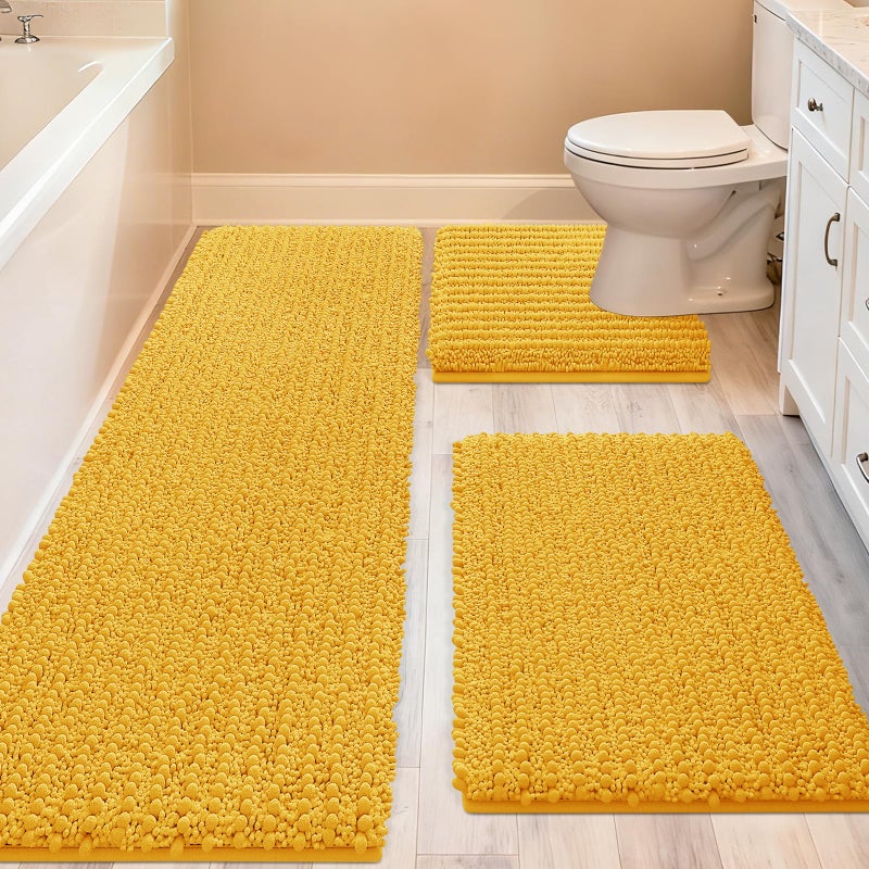 ACCUMTEK Upgrade Extra Large Gold Bathroom Rug Set 3 Pieces Ultra Soft, Thick Absorbent Bath Mats, Non Slip Chenille Toilet Mat for Bathroom, Bedroom, Kitchen, Yellow - Image 1