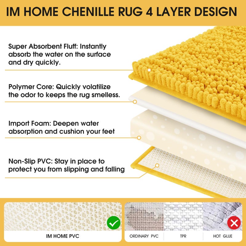 ACCUMTEK Upgrade Extra Large Gold Bathroom Rug Set 3 Pieces Ultra Soft, Thick Absorbent Bath Mats, Non Slip Chenille Toilet Mat for Bathroom, Bedroom, Kitchen, Yellow - Image 5
