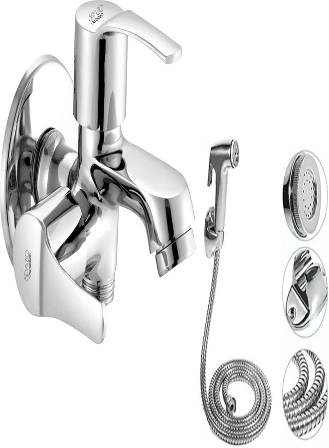 Spazio Brass Topaz Collection 2 Way Bib Cock Wall Mount (Pack of 1) & Jaguar Health Faucet Set(SS 1.5m Tube) for Bathroom Chrome Finish Silver Plated Bib Tap Faucet (Wall Mount Installation Type) - Image 1
