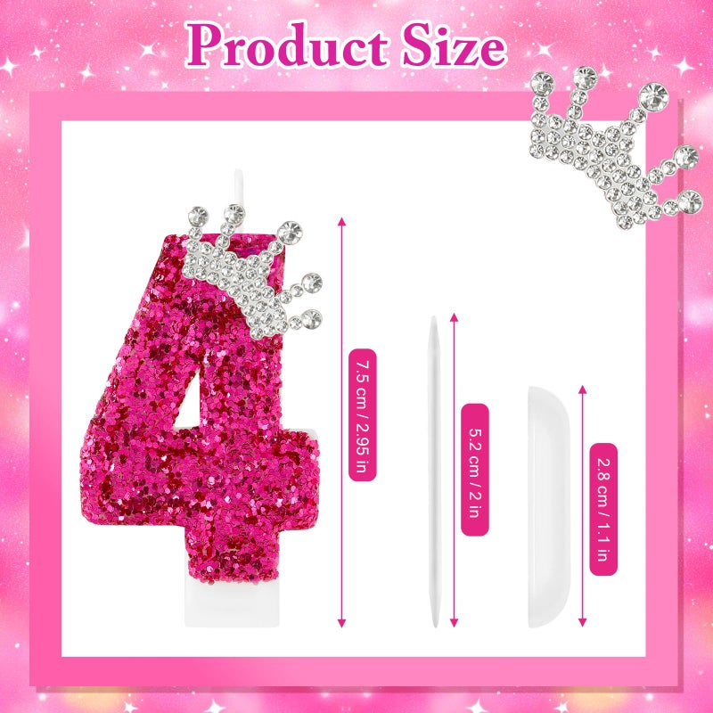 AKURIEEY Hot Pink Birthday Candles Crown Number 4 Candle Birthday Party Decorations Cake Topper Cupcake Decor for Anniversary Celebrations Supplies - Image 3