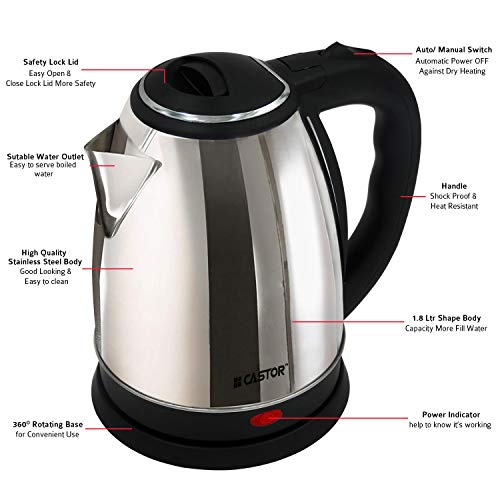 iBELL Castor Electric Kettle 1.8 Litre, 1500W Stainless Steel Body, Auto Shut-Off & Rapid Boil, Durable & Easy to Clean Kettle for Hot Water, Tea, Coffee & More (Silver) - Image 2