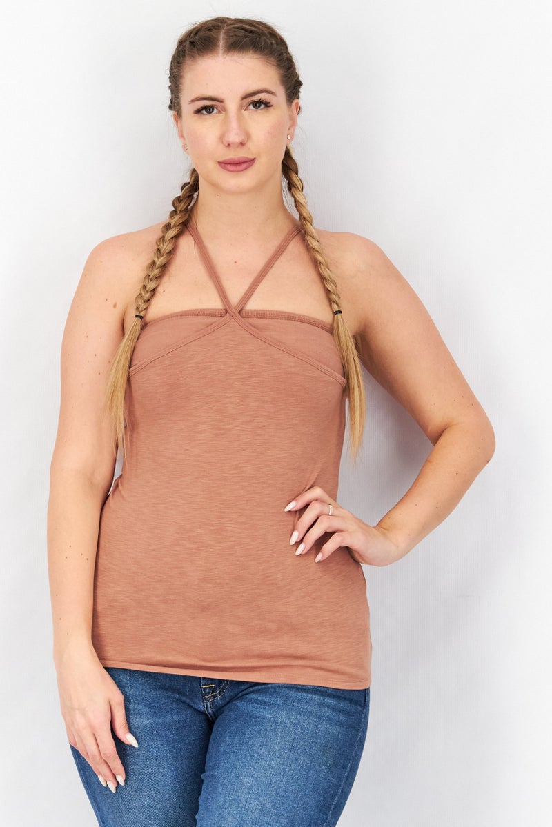 Splendid Women Halter Neckline  Sleeveless Plain Tank Top, Brown - Image 1