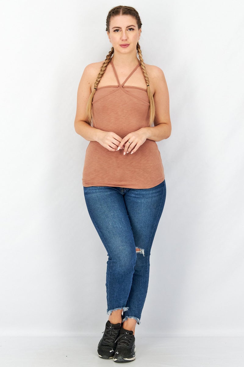 Splendid Women Halter Neckline  Sleeveless Plain Tank Top, Brown - Image 4
