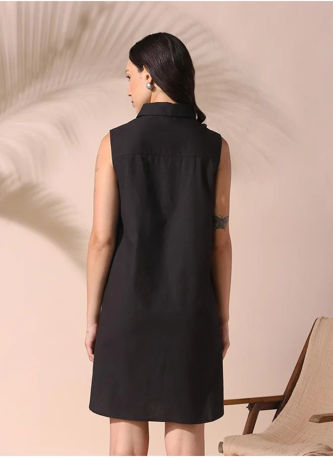 Dennis Lingo Women black beauty regular fit embroidered sleeveless cotton dress with button closure featuring a spread collar- your next go-to for effortless flair.