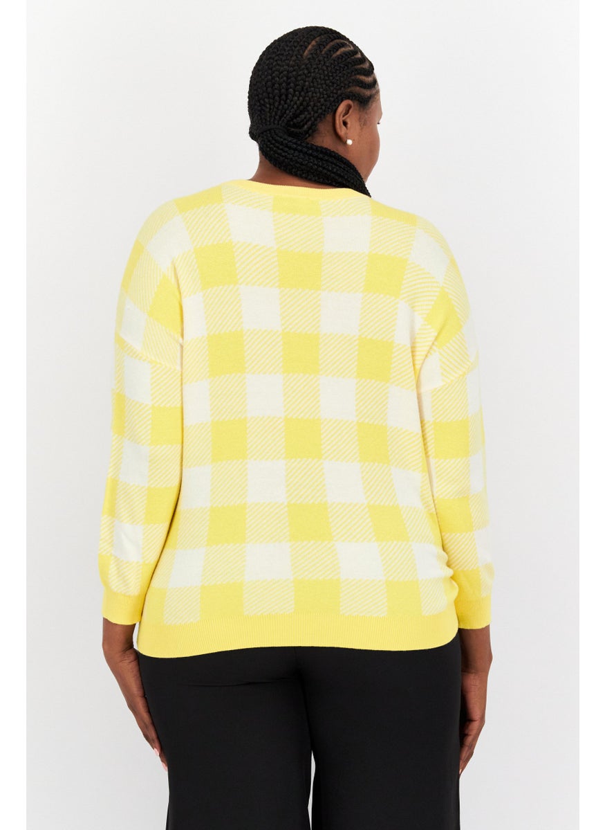 Jones New York - Women Crew Neck Long Sleeve Checkered Sweater, Yellow - Image 1