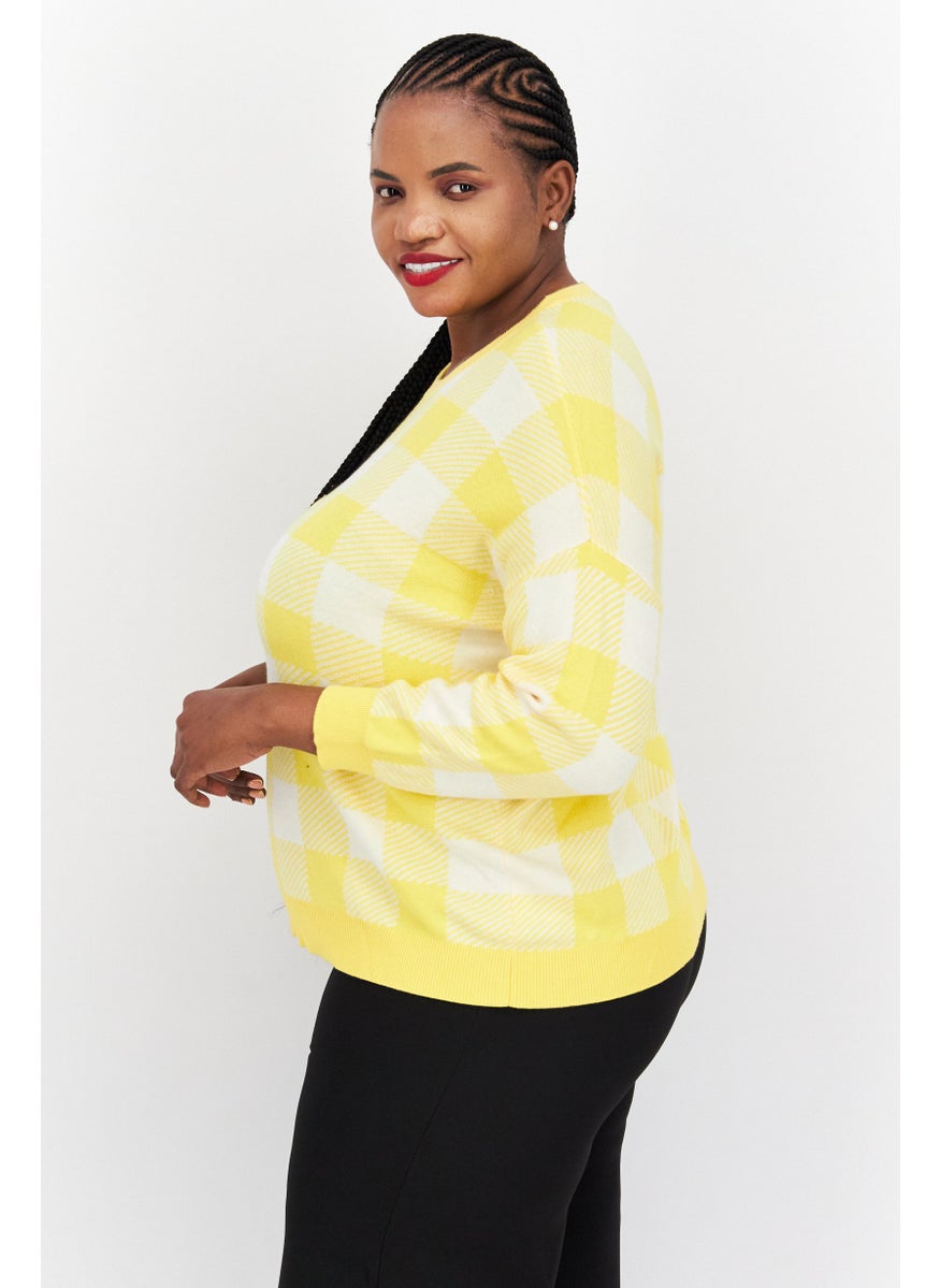 Jones New York - Women Crew Neck Long Sleeve Checkered Sweater, Yellow - Image 1