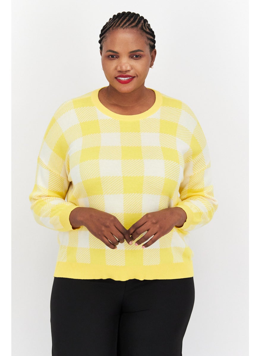Jones New York - Women Crew Neck Long Sleeve Checkered Sweater, Yellow - Image 1
