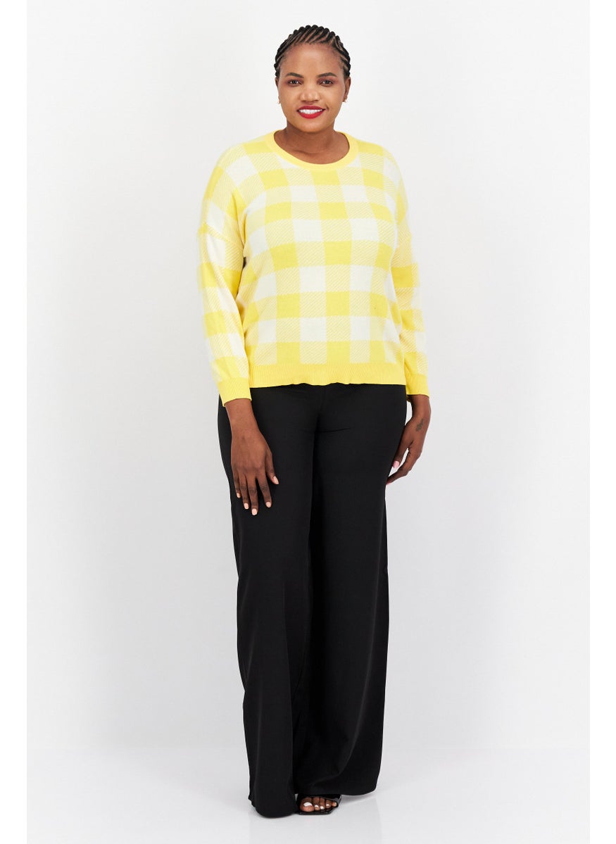 Jones New York - Women Crew Neck Long Sleeve Checkered Sweater, Yellow - Image 1