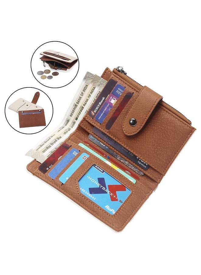 Bifold Minimalist  Wallets Stylish Hand Purse for Men Women with Money Clip,RFID Blocking Large Capacity Bifold Wallets for Card Cash Coin Small Girls Bifold Wallets (White and Brown)  - Image 2