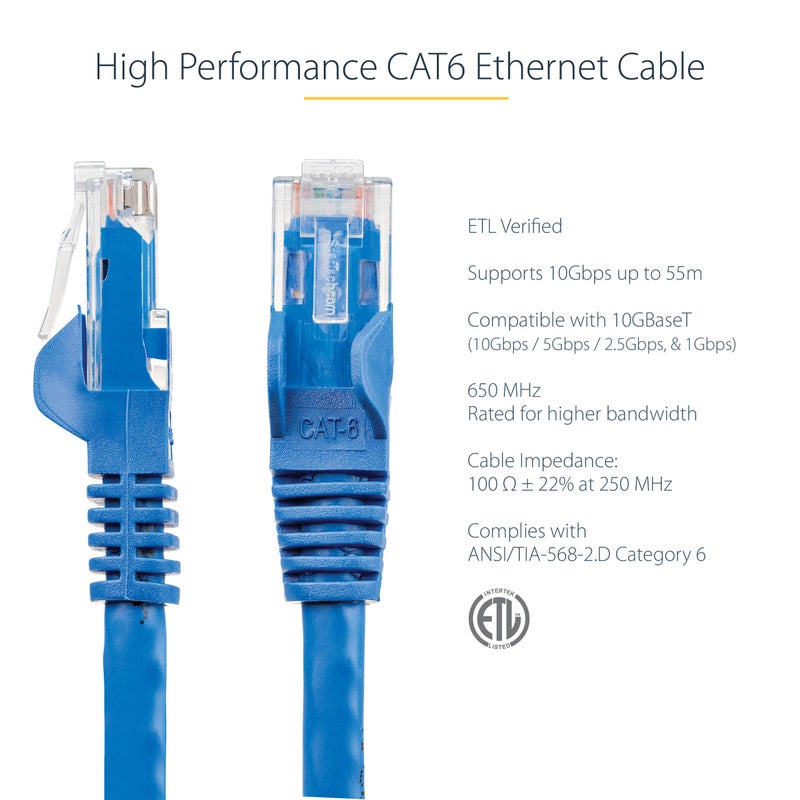 StarTech.com 10ft CAT6 Ethernet Cable - Blue CAT 6 Gigabit Ethernet Wire -650MHz 100W PoE RJ45 UTP Network/Patch Cord Snagless w/Strain Relief Fluke Tested/Wiring is UL Certified/TIA (N6PATCH10BL) - Image 2