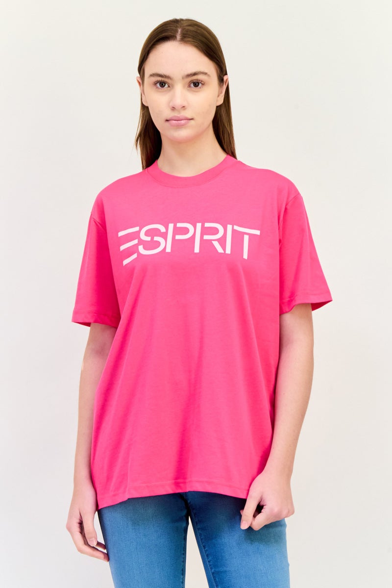 ESPRIT Women Crew Neck Short Sleeve Brand Logo T-Shirts, Dark Pink - Image 1