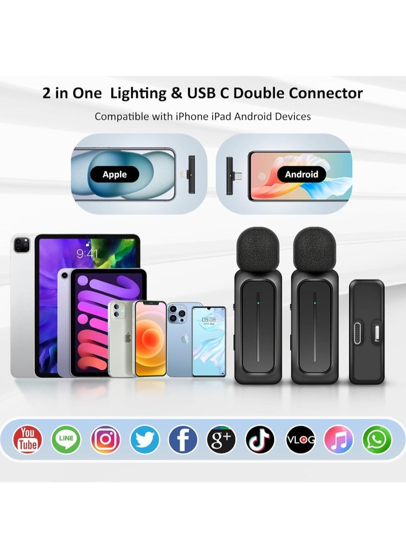 2 Pcs Wireless Lavalier Microphone for iPhone iPad Android with Charging Case 7H Clip on Lapel Microphone Wireless for Video Recording Vlogging, YouTube, Interview, 3 Mode Denoise, 70ft