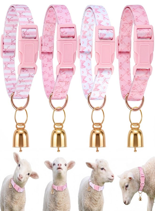 Yeyeplum 4 Pack Goat Collars with Bells Set, Adjustable Pink Bow Pattern Nylon Sheep Collar, Loud Metal Grazing Bell, Quick Release Buckle for Lambs, Small Farm Animals, Herd ID, Pasture Tracking - Image 1