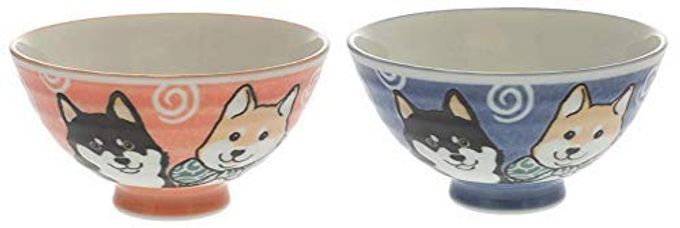 Japanese Shiba Dog Red and Blue Rice Bowl Set 4.92 Inches Diameter Authentic Mino Ware Ceramic Chawan Set of 2 Bowls from Japan