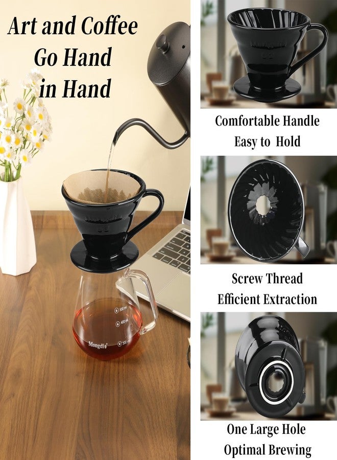 Mongdio V60 Ceramic Pour Over Coffee Dripper, Reusable Porcelain Portable Pour Over Coffee Maker, Slow Brewing Accessories with 1 Holes for Home - Size 02 Black - Image 2