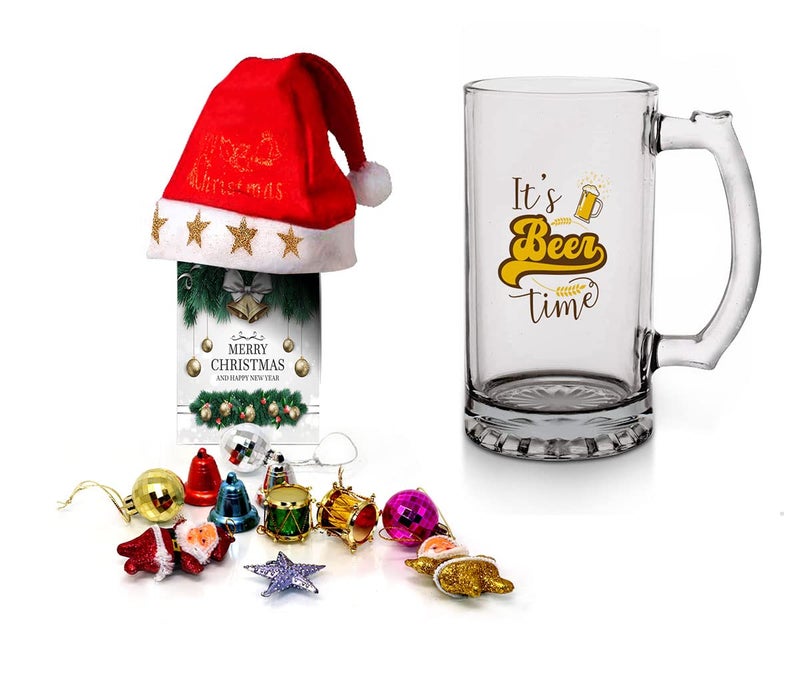 Kesri Gifts Kesri Gifts Christmas Gift Set Printed Beer Mug 12 Christmas Ornaments with Santa Cap Xmas Greeting Card for Xmas Gift ComboxmBrm22118 - Image 1