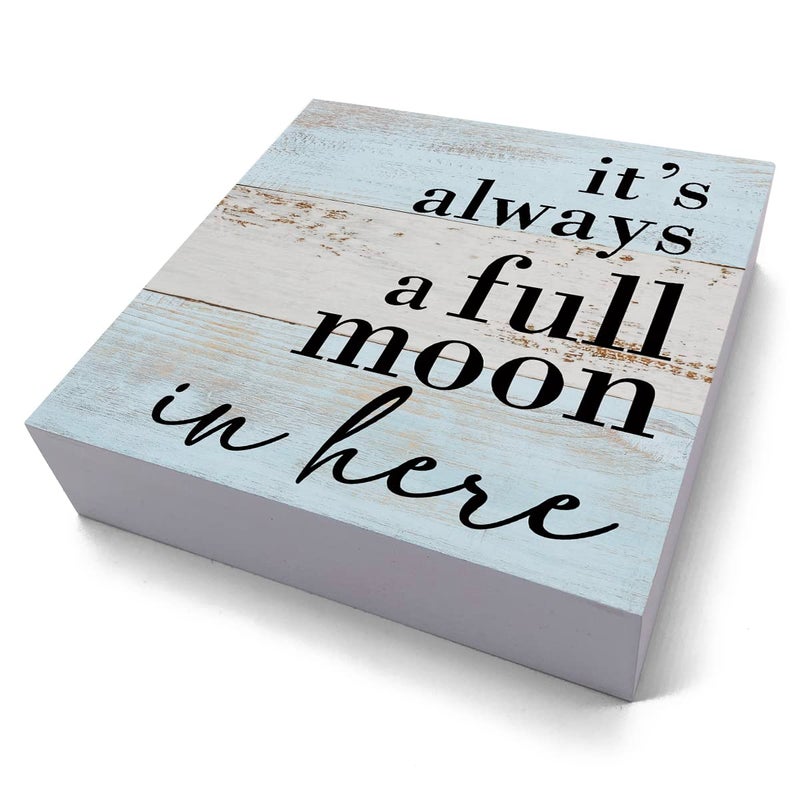 HTBIG Funny Bathroom Decor Sign It's Always a Full Moon in Here, Desk Decor Rustic Wood Block Plaque Box Sign, for Home Farmhouse Office Restroom Toilet Shelf Table Decoration Gifts - Image 2