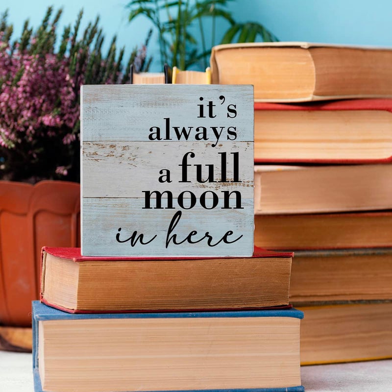 HTBIG Funny Bathroom Decor Sign It's Always a Full Moon in Here, Desk Decor Rustic Wood Block Plaque Box Sign, for Home Farmhouse Office Restroom Toilet Shelf Table Decoration Gifts - Image 5