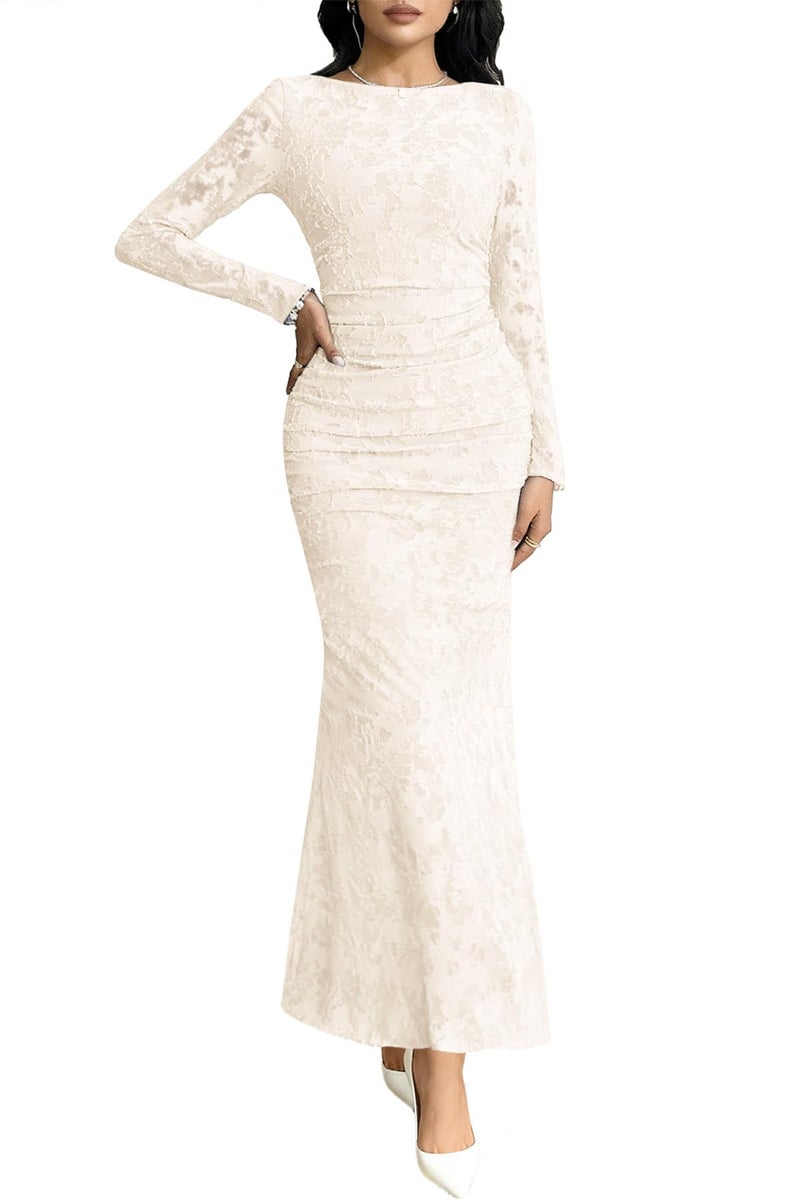 MITILLY Women's Formal Wedding Guest Dress Fall Elegant Floral Long Sleeve Bodycon Ruched Maxi Dresses Medium Apricot - Image 1