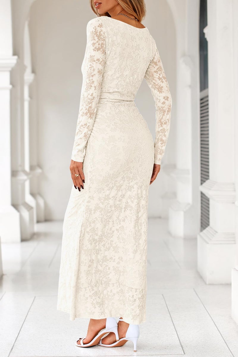 MITILLY Women's Formal Wedding Guest Dress Fall Elegant Floral Long Sleeve Bodycon Ruched Maxi Dresses Medium Apricot - Image 3