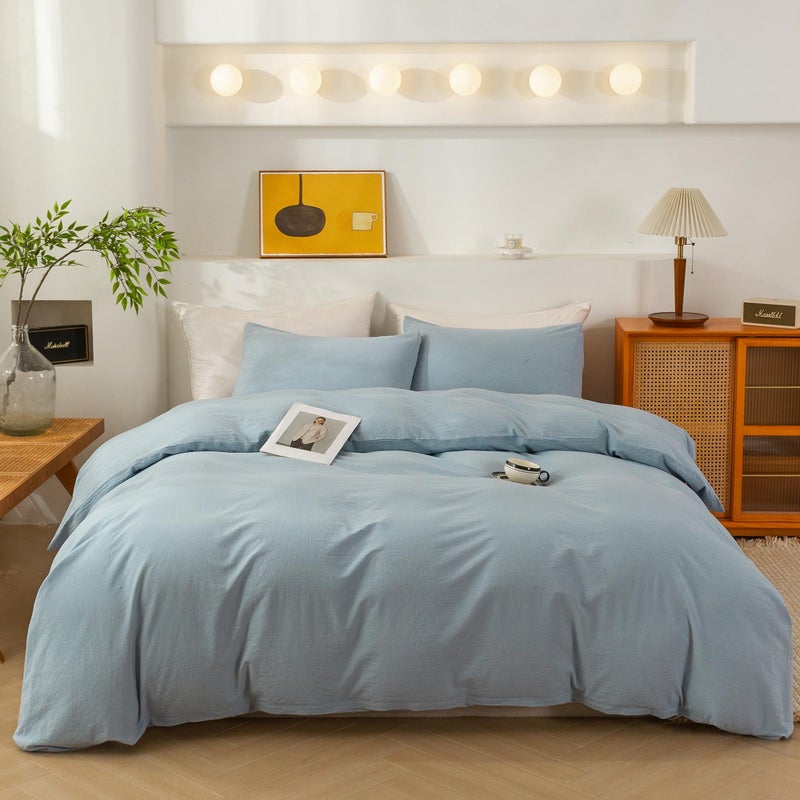 ECOCOTT Haze Blue Duvet Cover Queen Size 3 Piece 100 Washed Cotton 1 Duvet Cover with Zipper and 2 Pillowcases Ultra Soft and Easy Care Breathable Cozy Bedding Set Haze BlueQueen