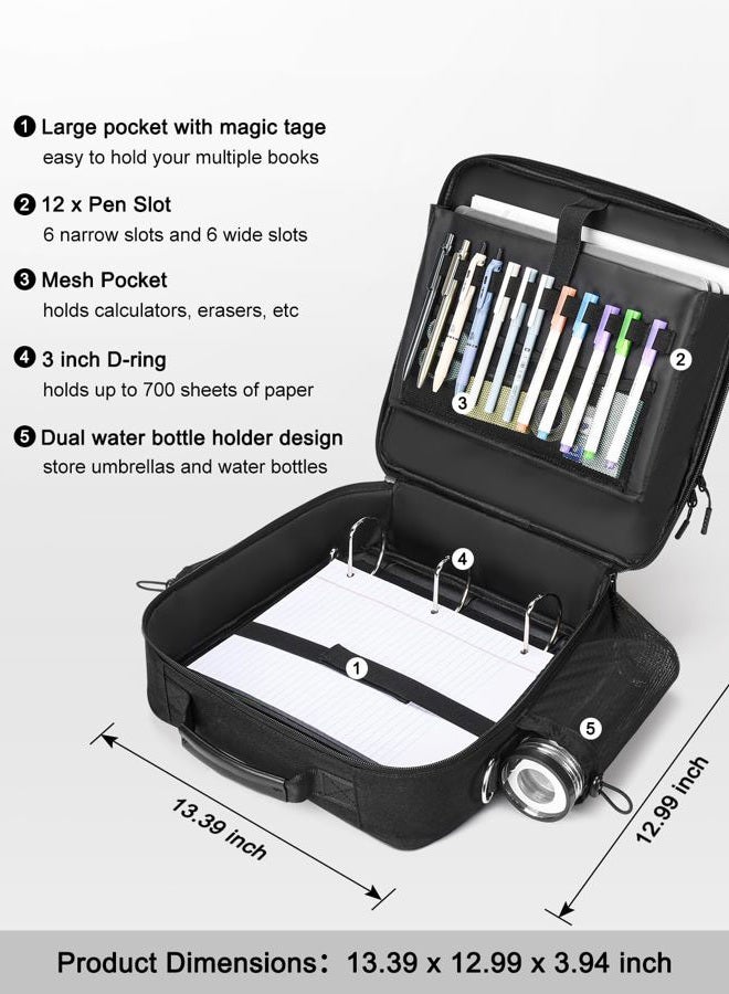 HINOOR 3 Inch 3-Ring Zipper Binder with Water Bottle Holder, D-Ring Zip Up Binder with Shoulder Strap, 700 Sheet Capacity, Compatible with 13" MacBook/Tablet, for School, Office (Black) - Image 2