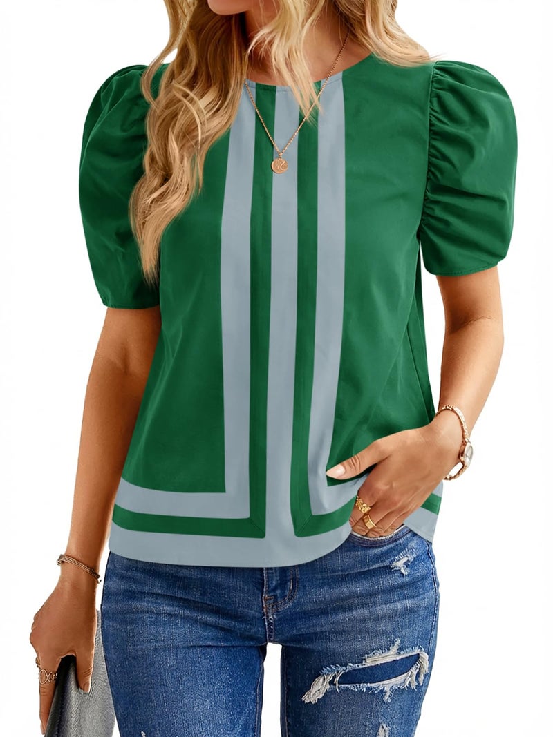 Cicy Bell Womens Summer Puff Sleeve Blouses Striped Color Block Cropped Tops Casual Round Neck Shirts Green - Image 1