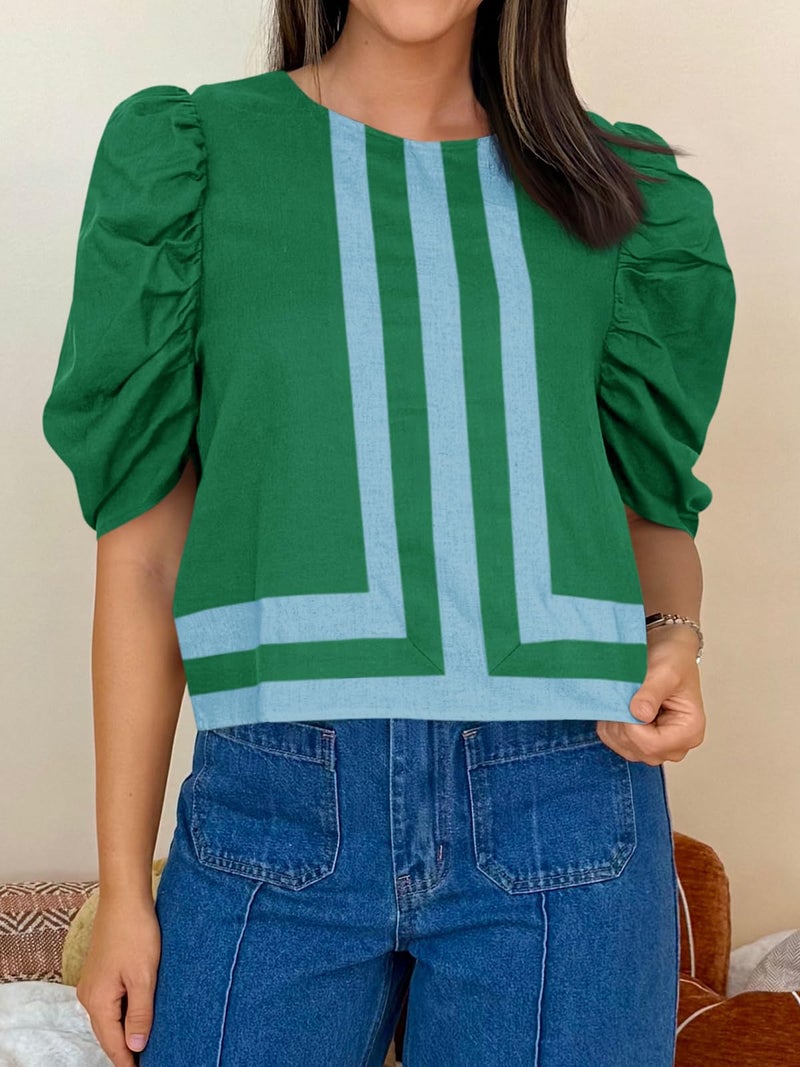 Cicy Bell Womens Summer Puff Sleeve Blouses Striped Color Block Cropped Tops Casual Round Neck Shirts Green - Image 2