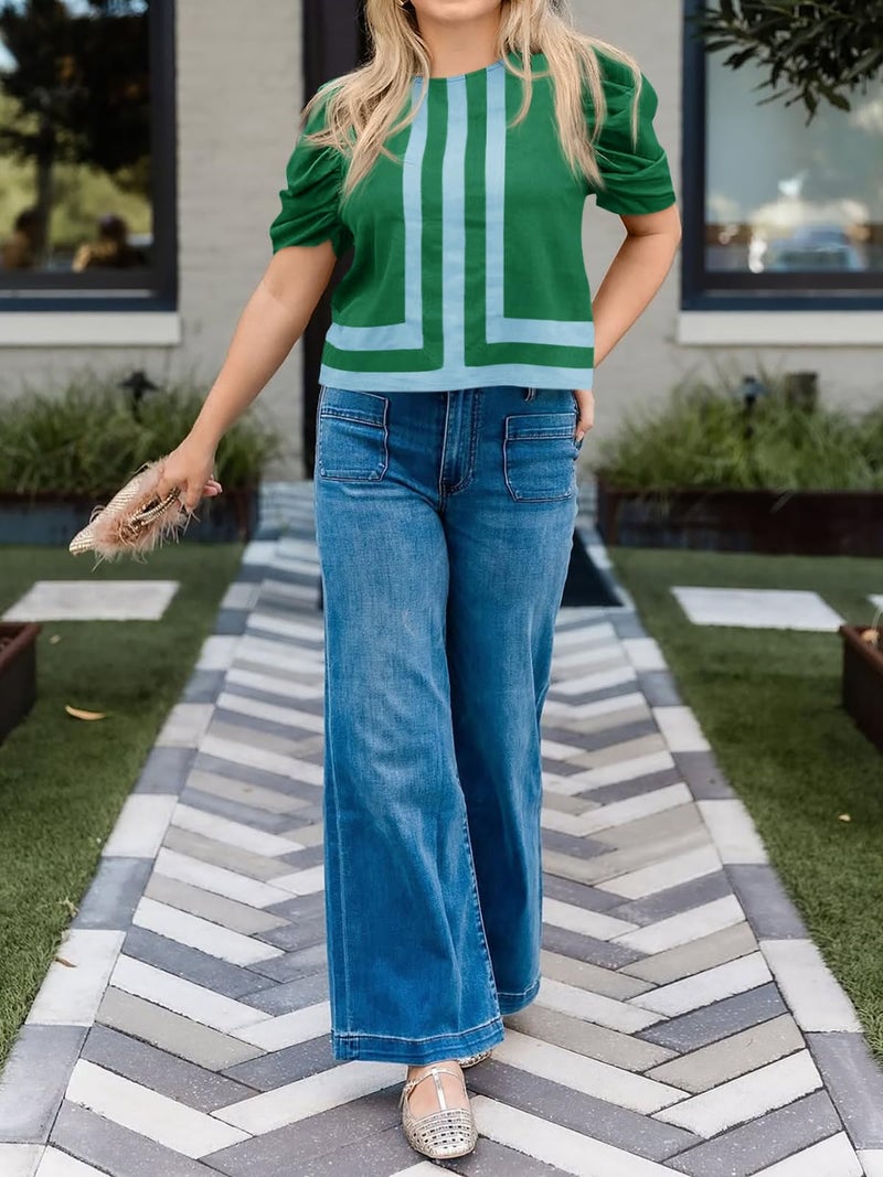 Cicy Bell Womens Summer Puff Sleeve Blouses Striped Color Block Cropped Tops Casual Round Neck Shirts Green - Image 5