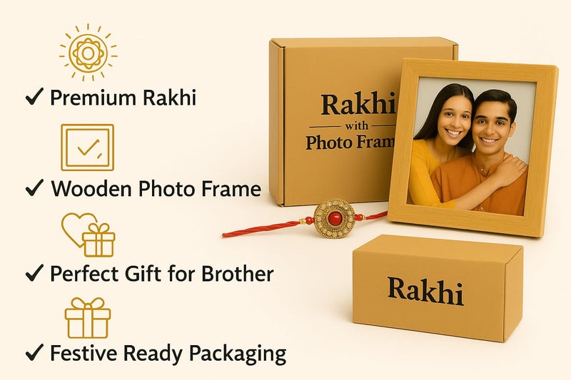 CDM Rakhi with Personalized Photo Frame Gift Combo | 5x5 Inch Wooden Frame | Raksha Bandhan Gift for Brother | Custom Photo Included - Image 3