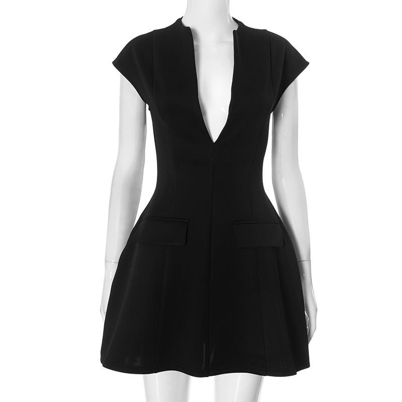 Y24DS671 Womens Autumn/Winter Deep V-Neck Small Sleeve Pullover Dress with Fake Pocket Waist-Fitted Pleated Dress Black 