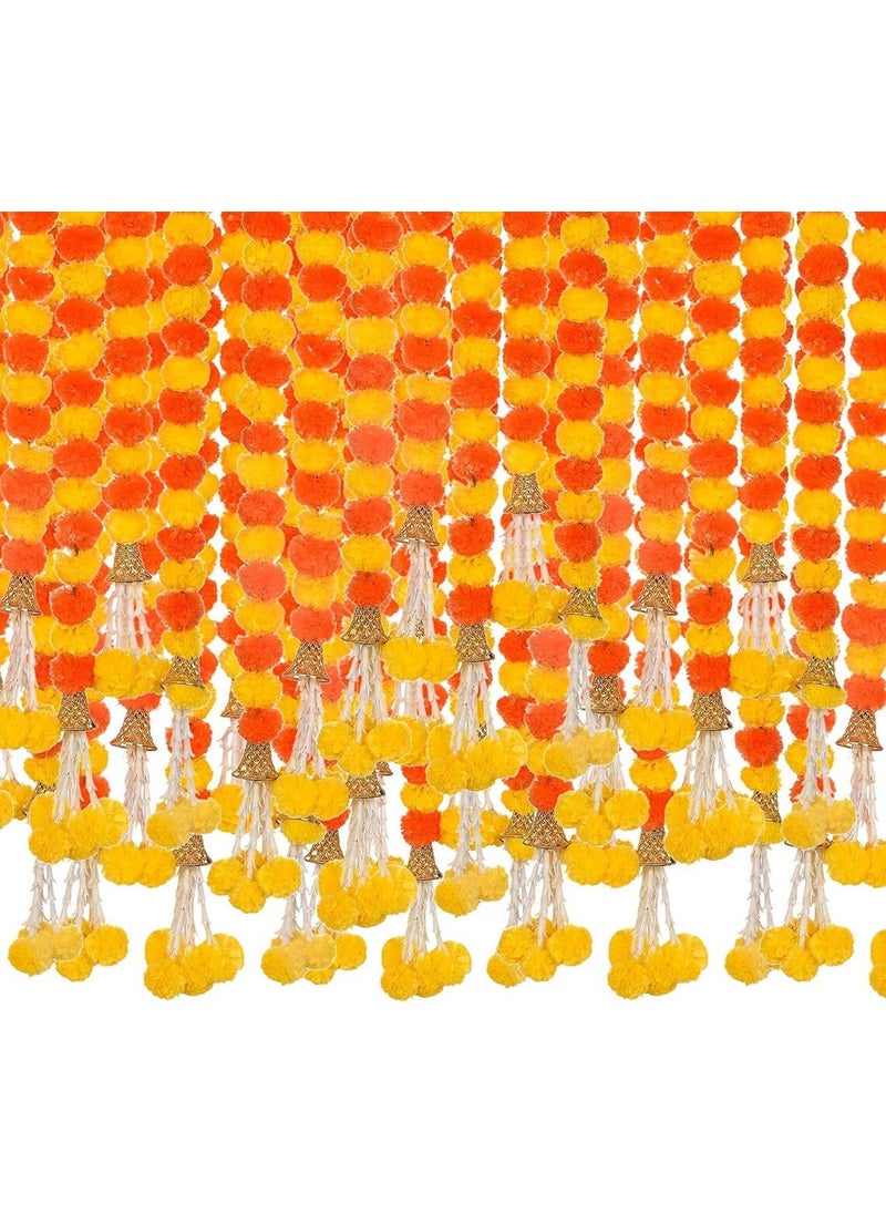 Lazybeee Lazybeee 5Pcs Artificial Yellow Orange Mix Marigold Flower Garland with Golden Bell and Rajnignadha Flower for Home Decor Festive Celebrations for Ganesh Diwali Ganda for Festival Decor  - Image 3
