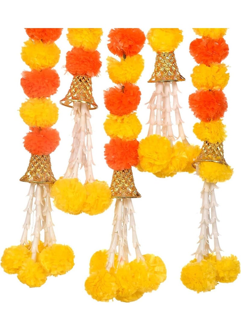 Lazybeee Lazybeee 5Pcs Artificial Yellow Orange Mix Marigold Flower Garland with Golden Bell and Rajnignadha Flower for Home Decor Festive Celebrations for Ganesh Diwali Ganda for Festival Decor  - Image 1