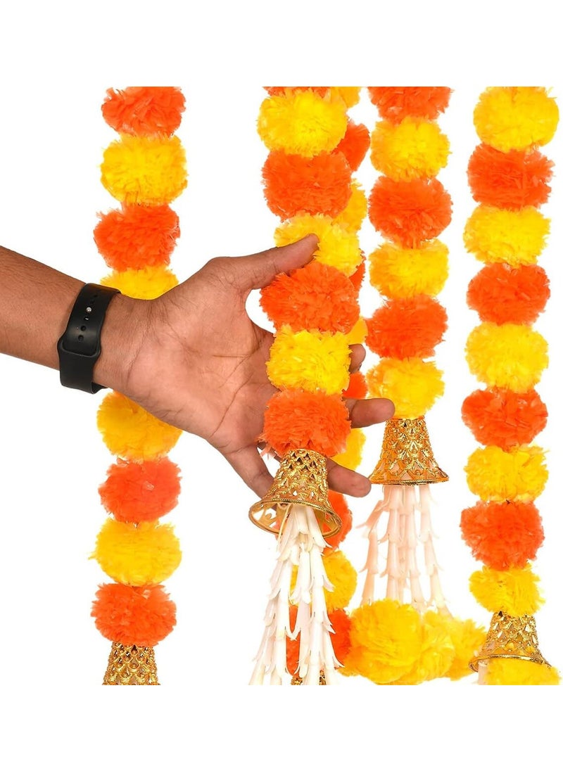 Lazybeee Lazybeee 5Pcs Artificial Yellow Orange Mix Marigold Flower Garland with Golden Bell and Rajnignadha Flower for Home Decor Festive Celebrations for Ganesh Diwali Ganda for Festival Decor  - Image 4