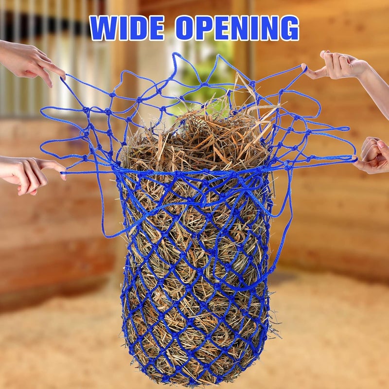 Nuenen 4 Pcs Slow Feed Hay Bag 40 Inch Hay Nets for Horses Hanging Hay Feeder for Goats 2 x 2 Inch Mesh Holes Horse Hay Bag Horse Feeding Supplies for Trailer and Stall Simulates Grazing Blue - Image 5