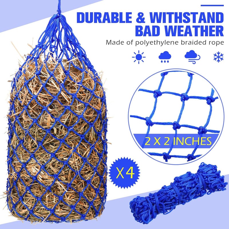 Nuenen 4 Pcs Slow Feed Hay Bag 40 Inch Hay Nets for Horses Hanging Hay Feeder for Goats 2 x 2 Inch Mesh Holes Horse Hay Bag Horse Feeding Supplies for Trailer and Stall Simulates Grazing Blue - Image 2
