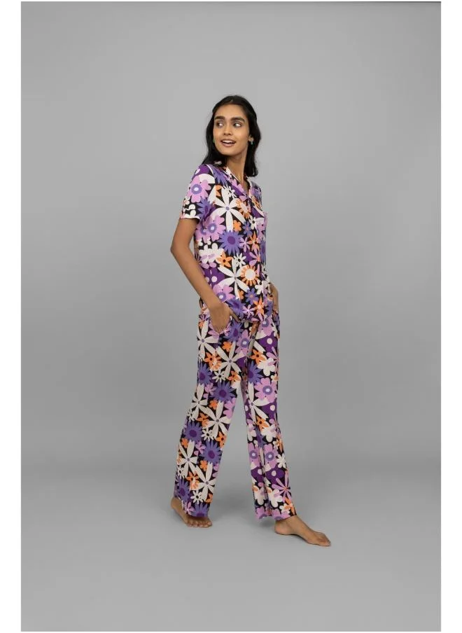 NeceSera Floral Half Sleeves Button Down Pajama Set