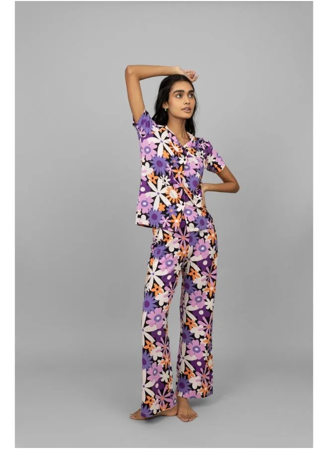 NeceSera Floral Half Sleeves Button Down Pajama Set