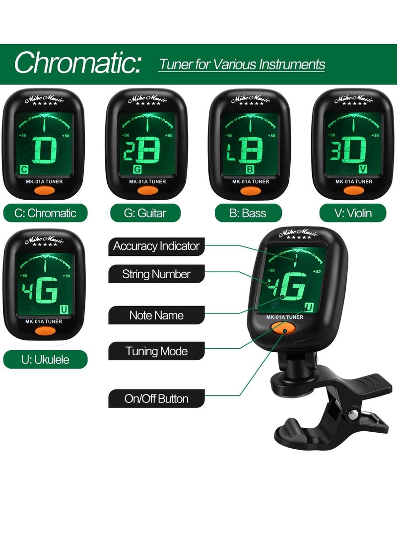 Guitar Tuner, Clip On Tuner with LCD Color Display, Chromatic Tuner for Acoustic Guitar Classical Guitar Electric Guitar Bass Ukulele Violin, Digital Tuner for Stringed Instrument, Guitar Accessories